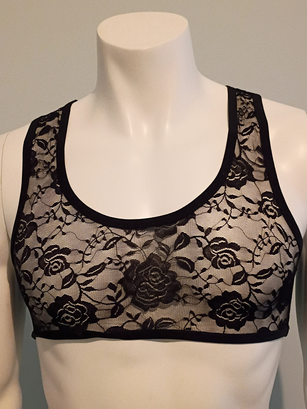Men's Black Lace Brief-Style Tank - Sheer Floral Mesh
